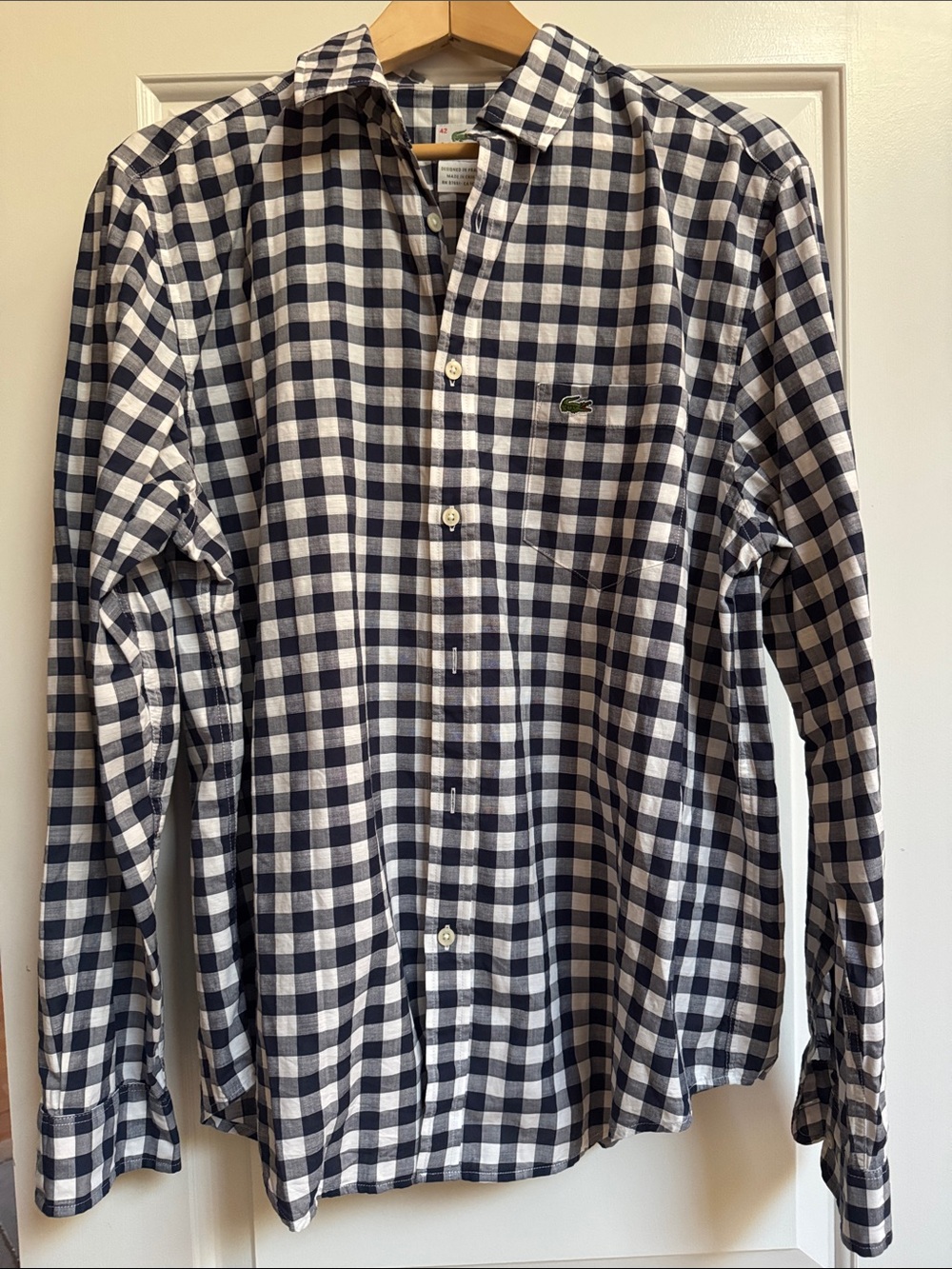Lacoste Navy & White Gingham Button-Down Shirt Size42 Classic Fit